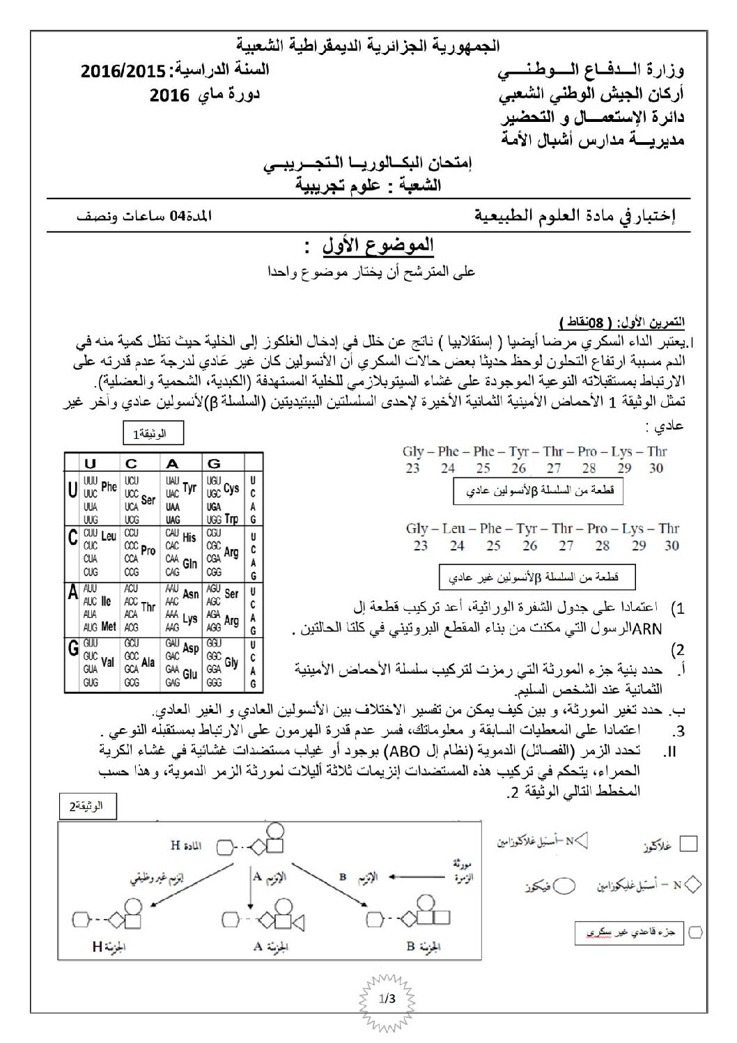 اختبار في العلوم الطبيعية الفصل الثالث السنة الثالثة ثانوي علوم تجريبية رقم 16 مع التصحيح