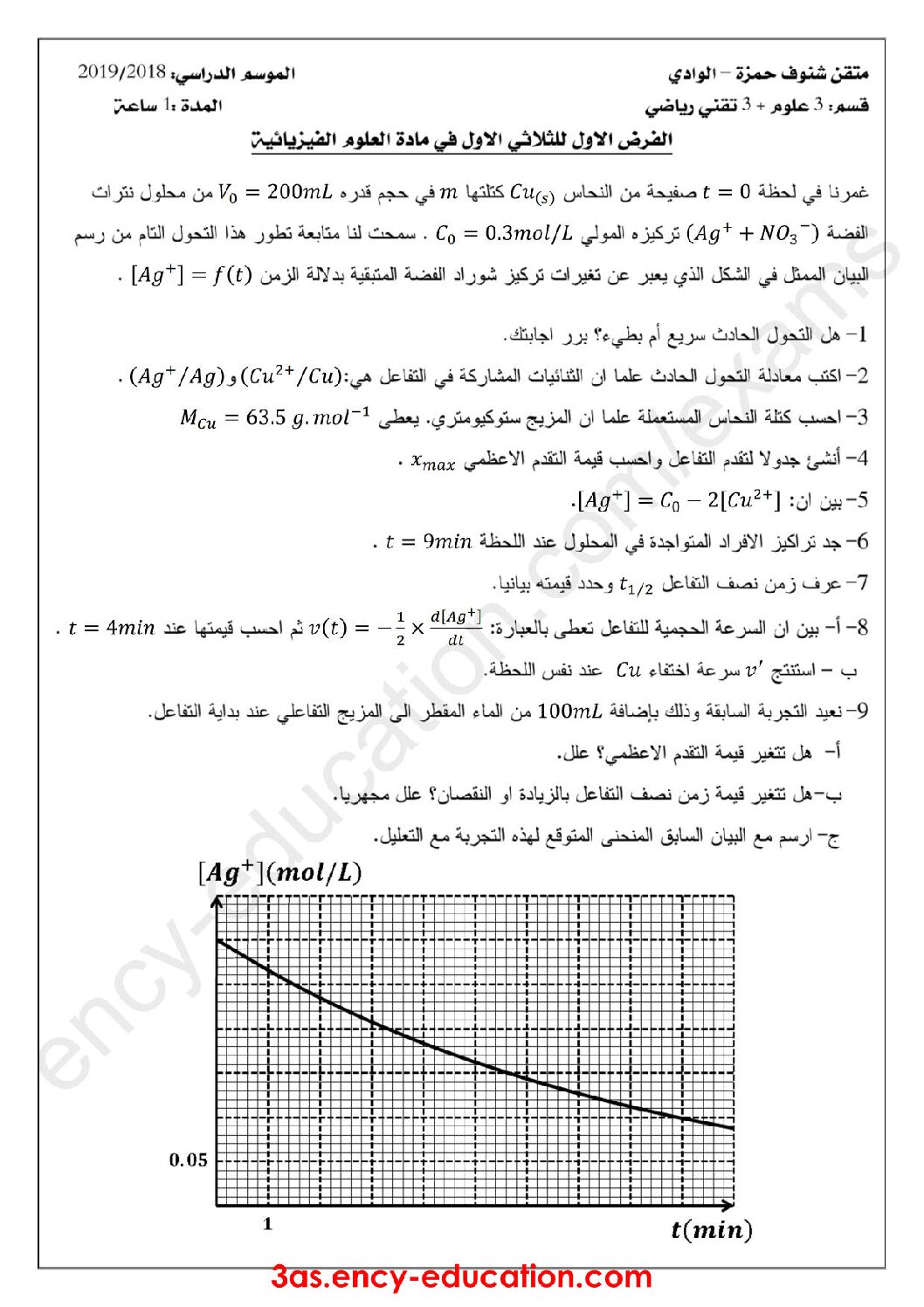 فرض في العلوم الفيزيائية الفصل الأول السنة الثالثة ثانوي رقم 16 مع التصحيح