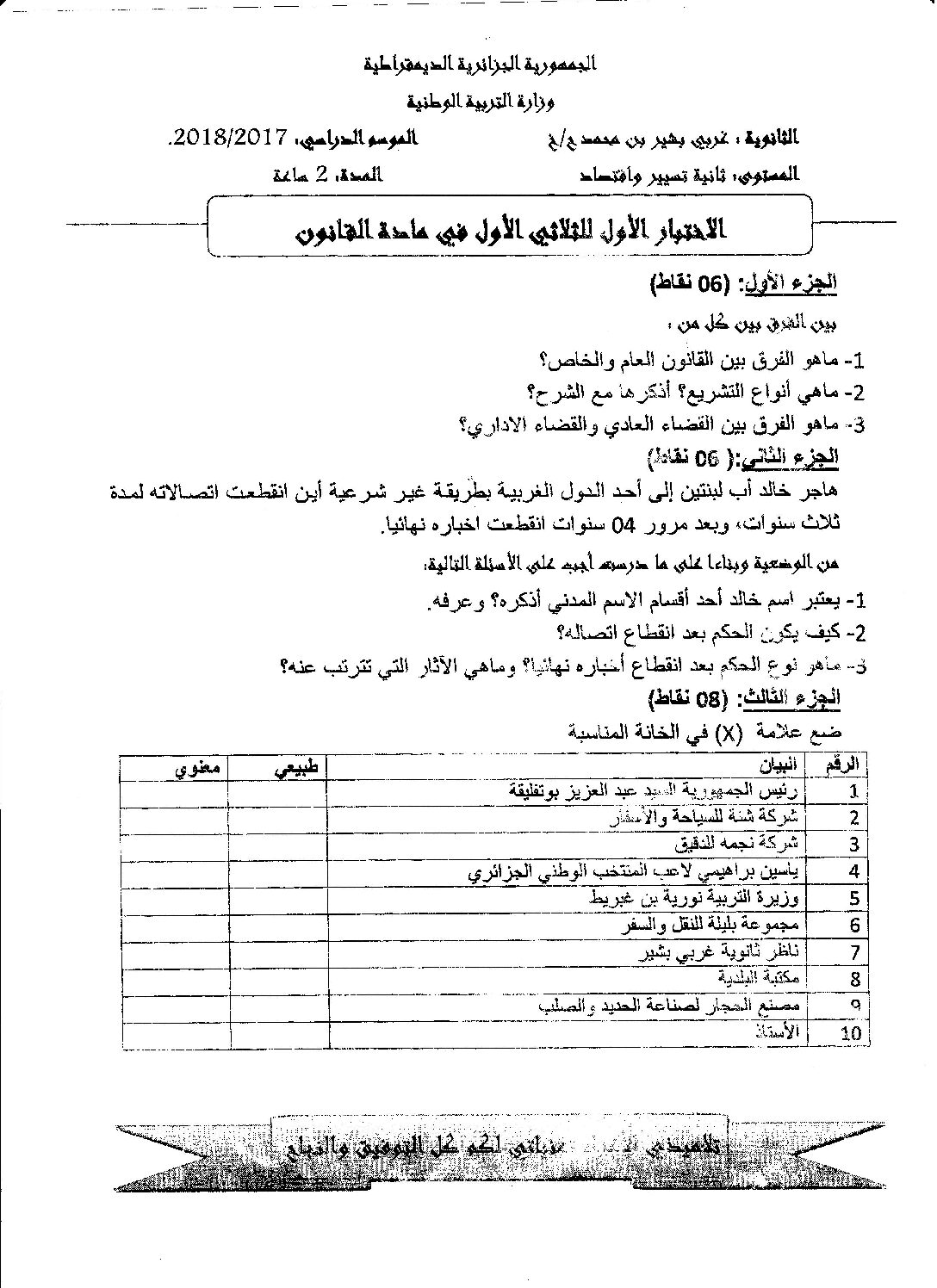 اختبار في القانون الفصل الأول السنة الثانية ثانوي رقم 17