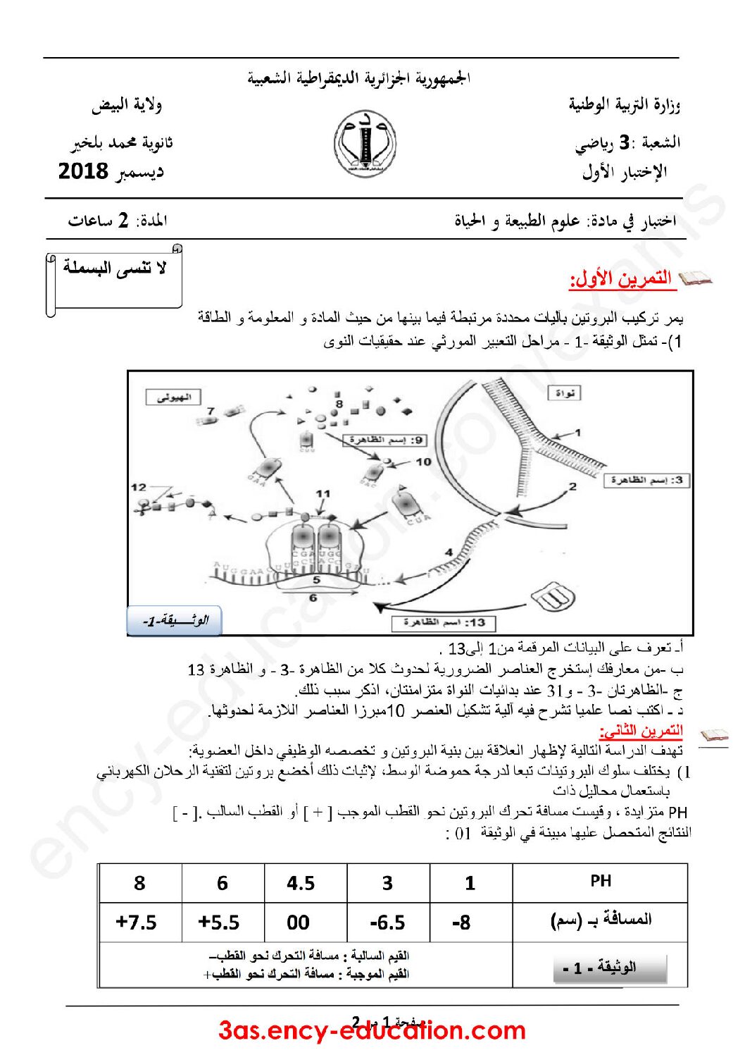 اختبار في العلوم الطبيعية الفصل الأول السنة الثالثة ثانوي رياضيات رقم 18