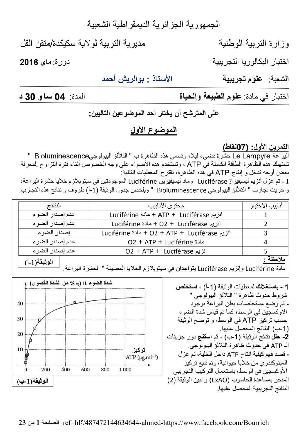 اختبار في العلوم الطبيعية الفصل الثالث السنة الثالثة ثانوي علوم تجريبية رقم 18 مع التصحيح