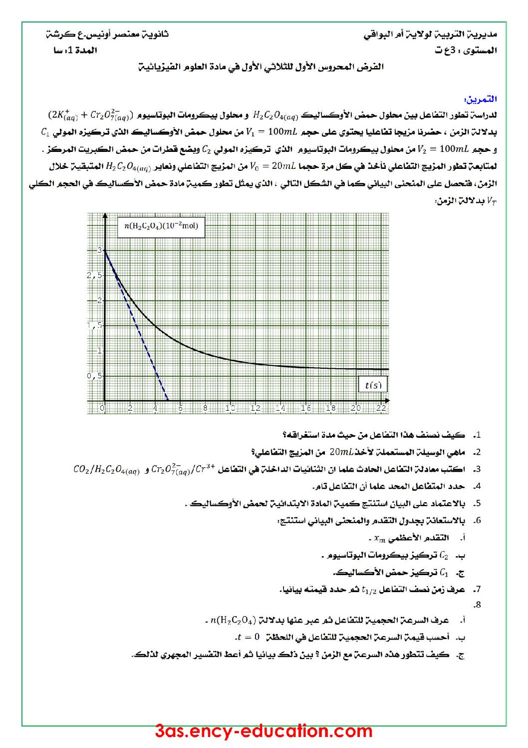 فرض في العلوم الفيزيائية الفصل الأول السنة الثالثة ثانوي رقم 18