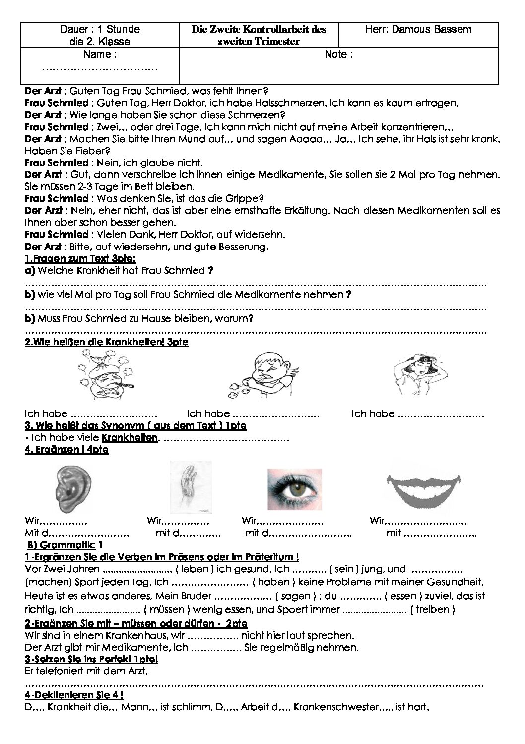 اختبار في اللغة الألمانية الفصل الثاني السنة الثانية ثانوي رقم 19
