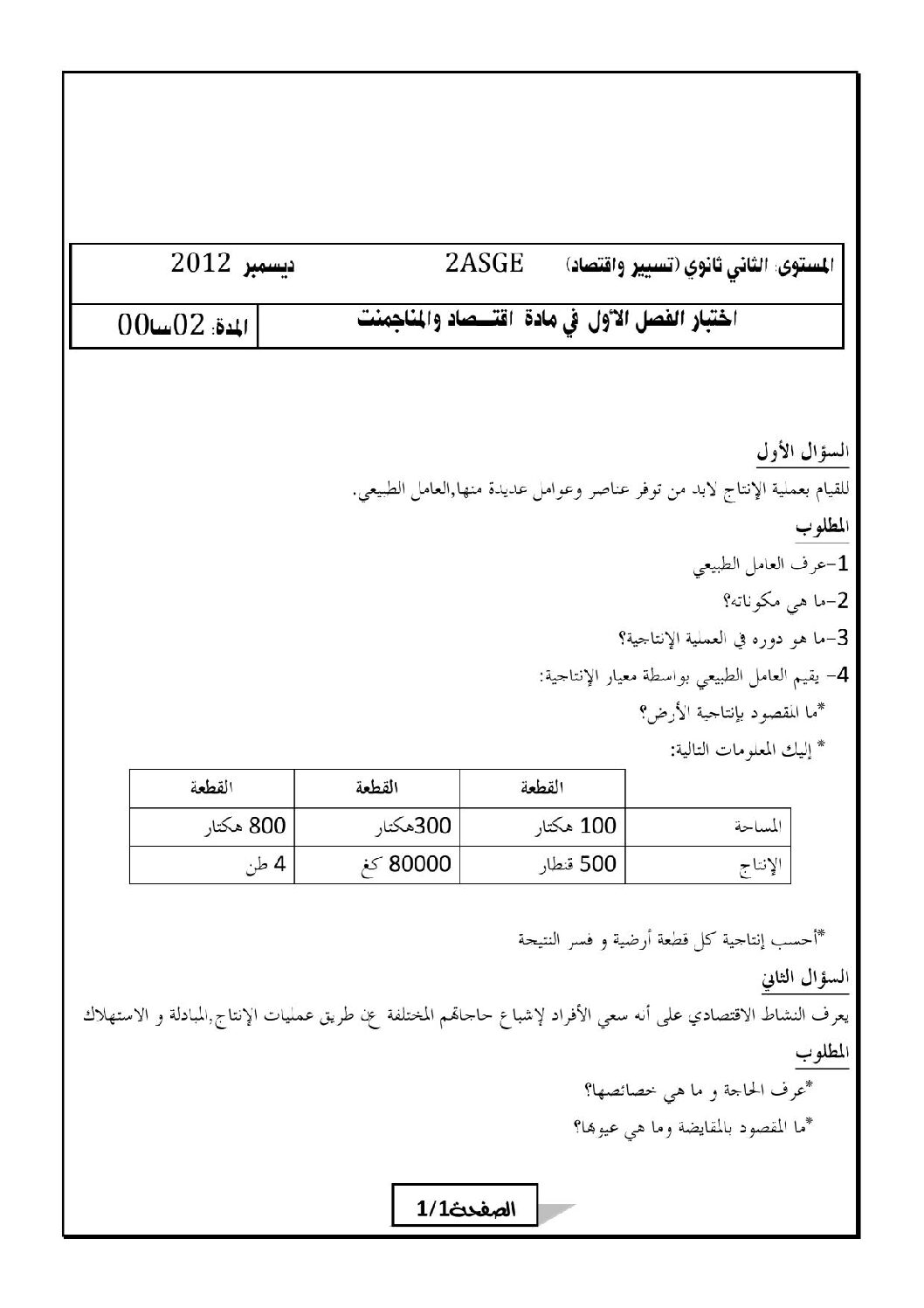 اختبار في الاقتصاد والمناجمنت الفصل الأول السنة الثانية ثانوي رقم 2