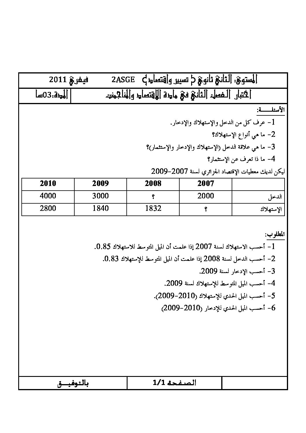 اختبار في الاقتصاد والمناجمنت الفصل الثاني السنة الثانية ثانوي رقم 2