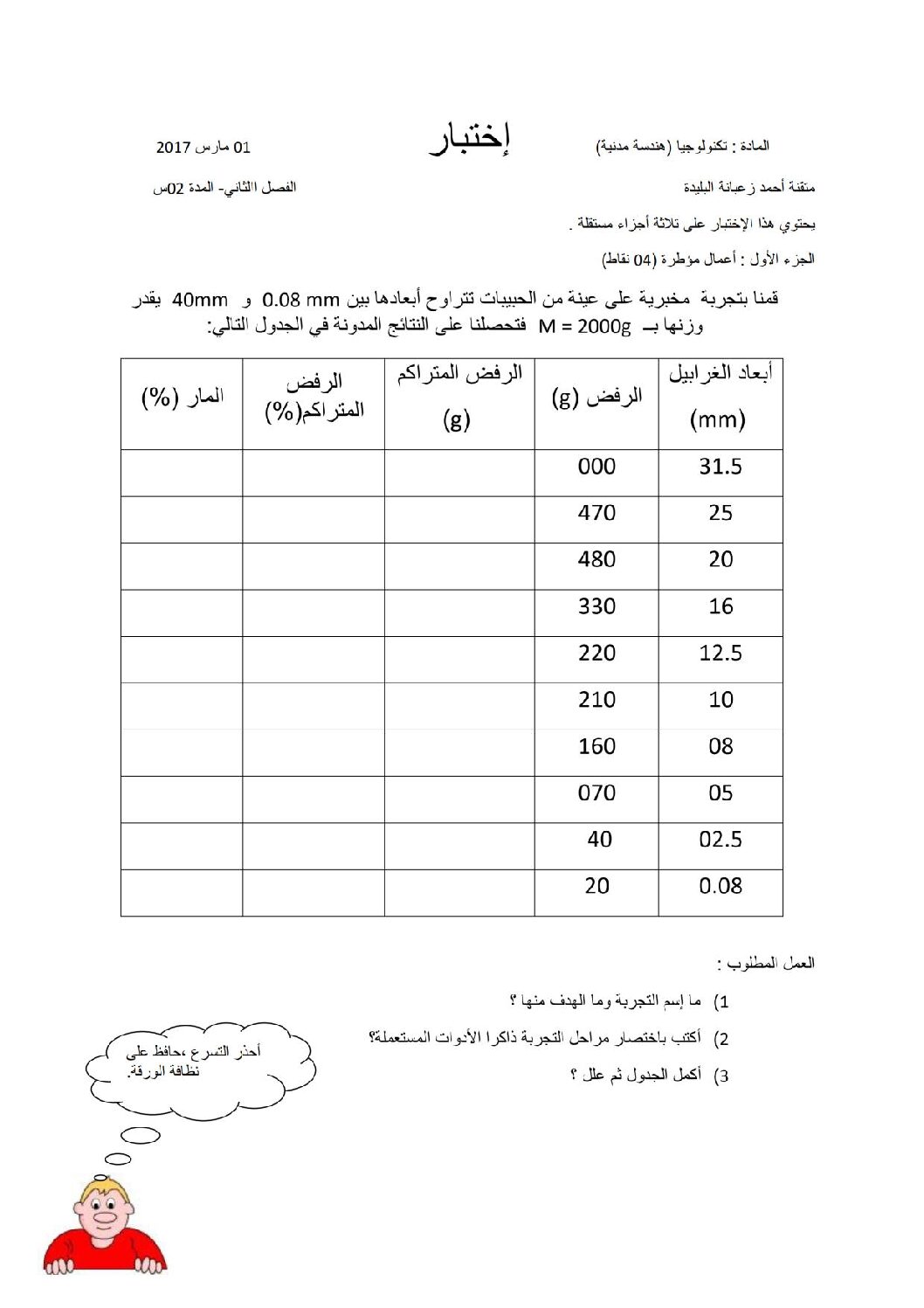 اختبار في الهندسة المدنية الفصل الثاني السنة الثانية ثانوي رقم 2