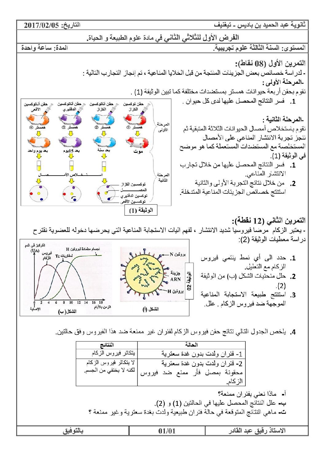 فرض في العلوم الطبيعية الفصل الثاني السنة الثالثة ثانوي علوم تجريبية رقم 2 مع التصحيح