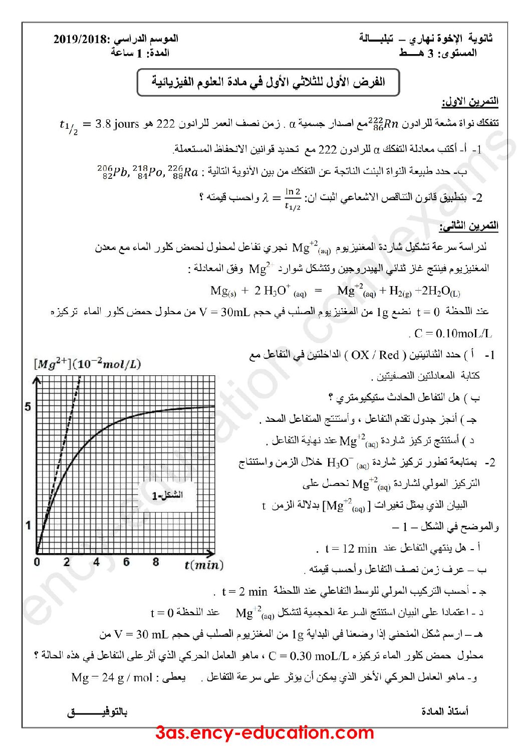فرض في العلوم الفيزيائية الفصل الأول السنة الثالثة ثانوي رقم 20