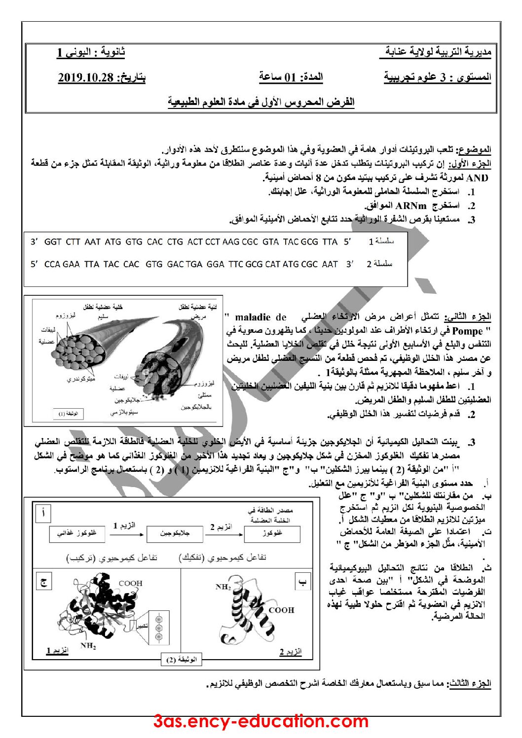 فرض في العلوم الطبيعية الفصل الأول السنة الثالثة ثانوي علوم تجريبية رقم 25