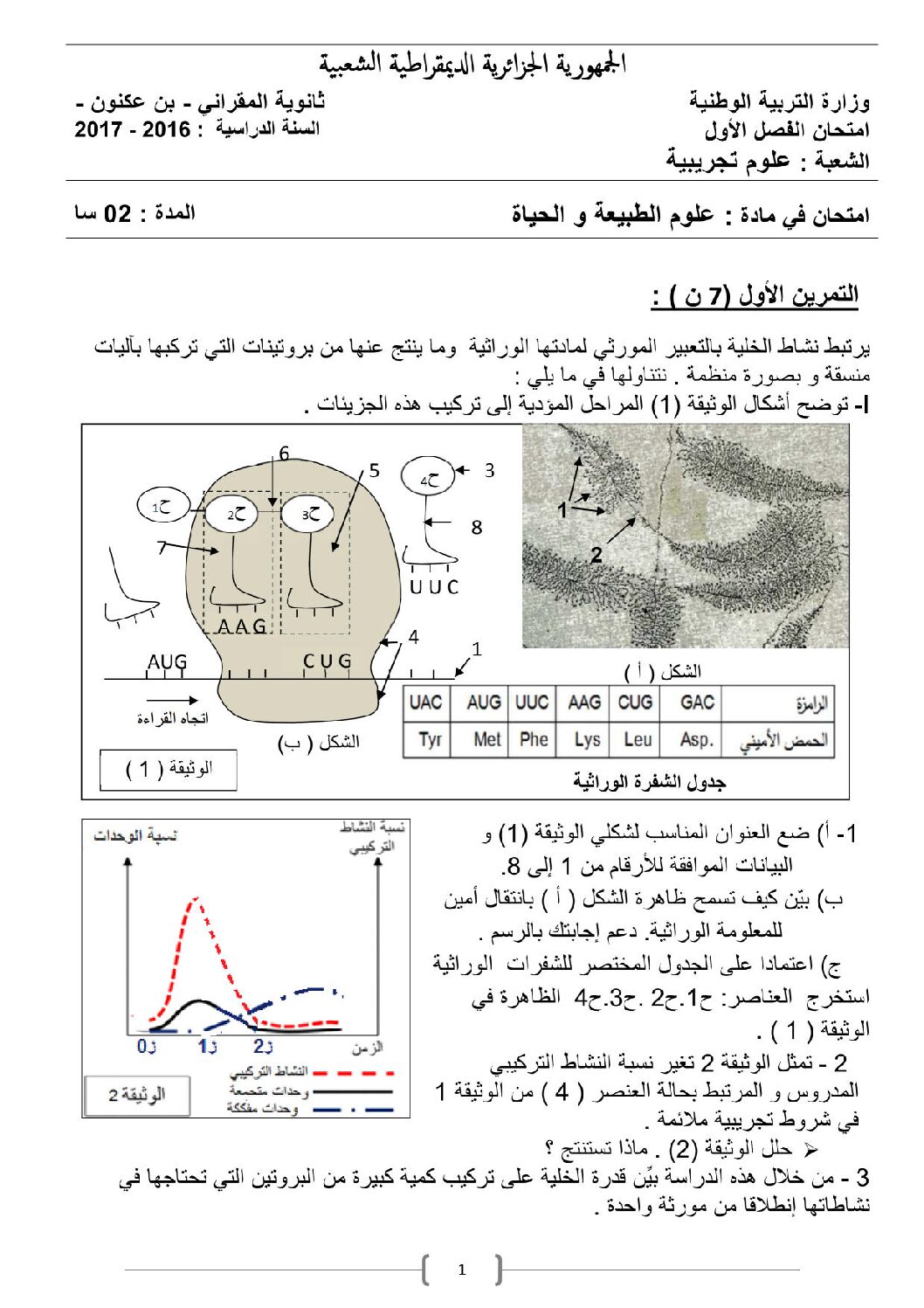 اختبار في العلوم الطبيعية الفصل الأول السنة الثالثة ثانوي علوم تجريبية رقم 27