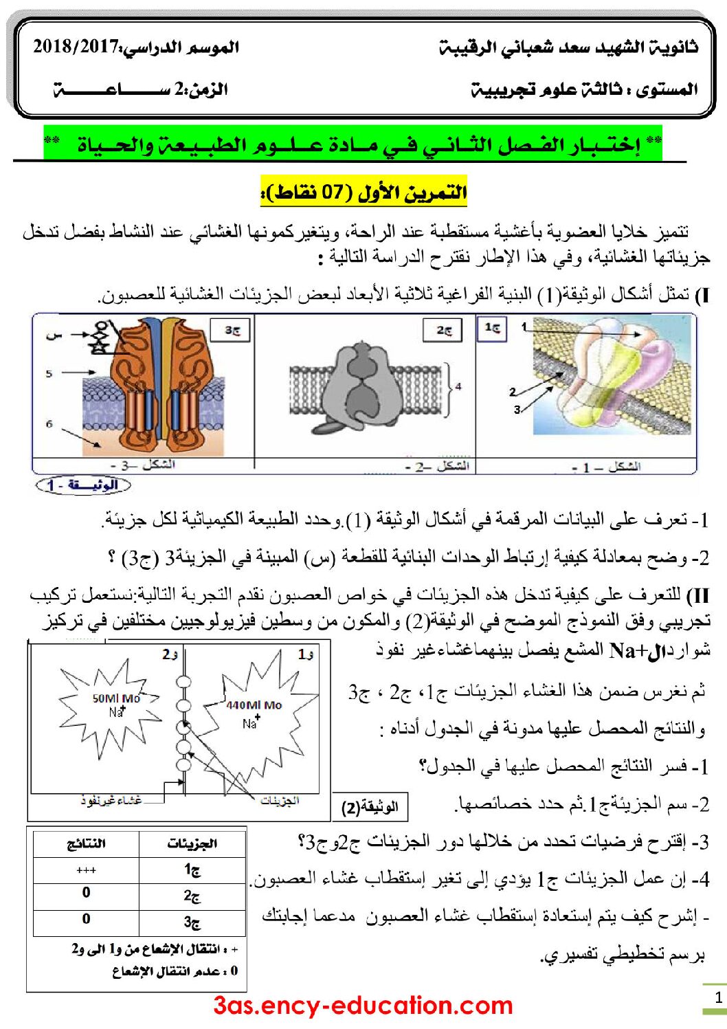 اختبار في العلوم الطبيعية الفصل الثاني السنة الثالثة ثانوي علوم تجريبية رقم 27