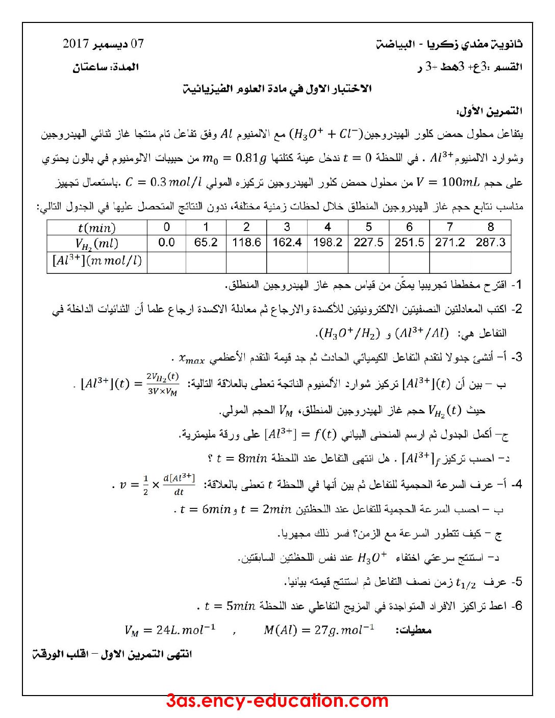 اختبار في العلوم الفيزيائية الفصل الأول السنة الثالثة ثانوي رقم 28 مع التصحيح