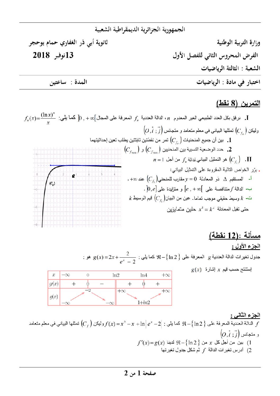 فرض في الرياضيات الفصل الأول السنة الثالثة ثانوي علمي رقم 28