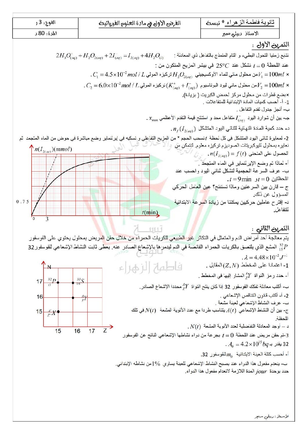 فرض في العلوم الفيزيائية الفصل الأول السنة الثالثة ثانوي رقم 29