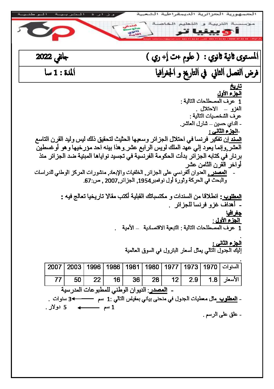 فرض في التاريخ والجغرافيا الفصل الثاني السنة الثانية ثانوي علمي رقم 3