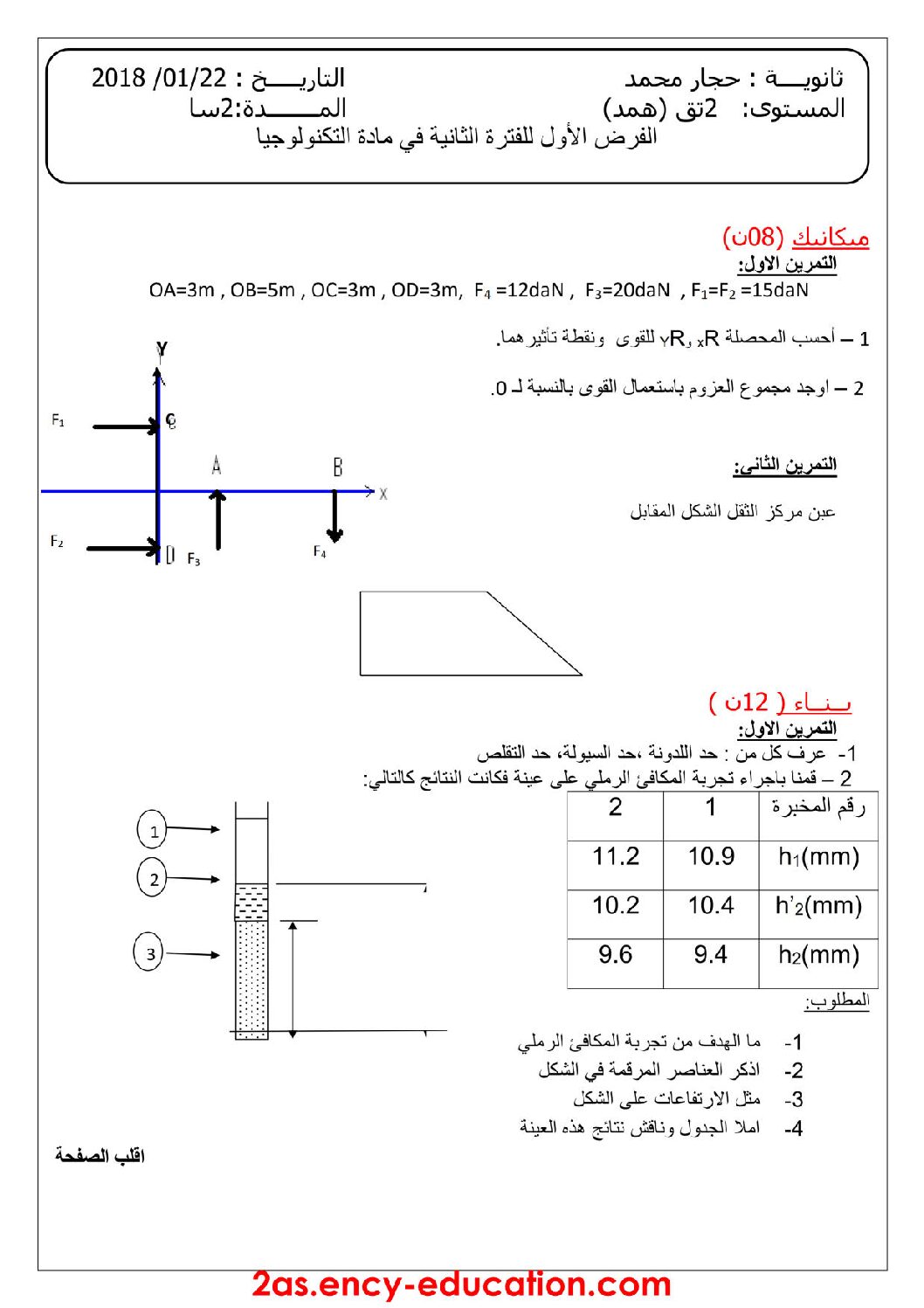 فرض في الهندسة المدنية الفصل الثاني السنة الثانية ثانوي رقم 3