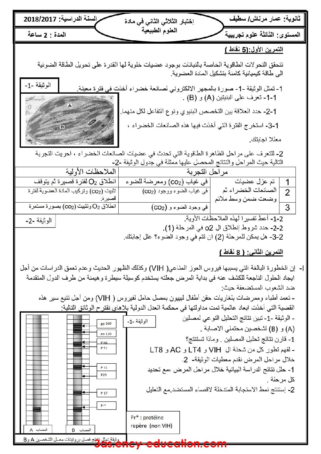 اختبار في العلوم الطبيعية الفصل الثاني السنة الثالثة ثانوي علوم تجريبية رقم 30