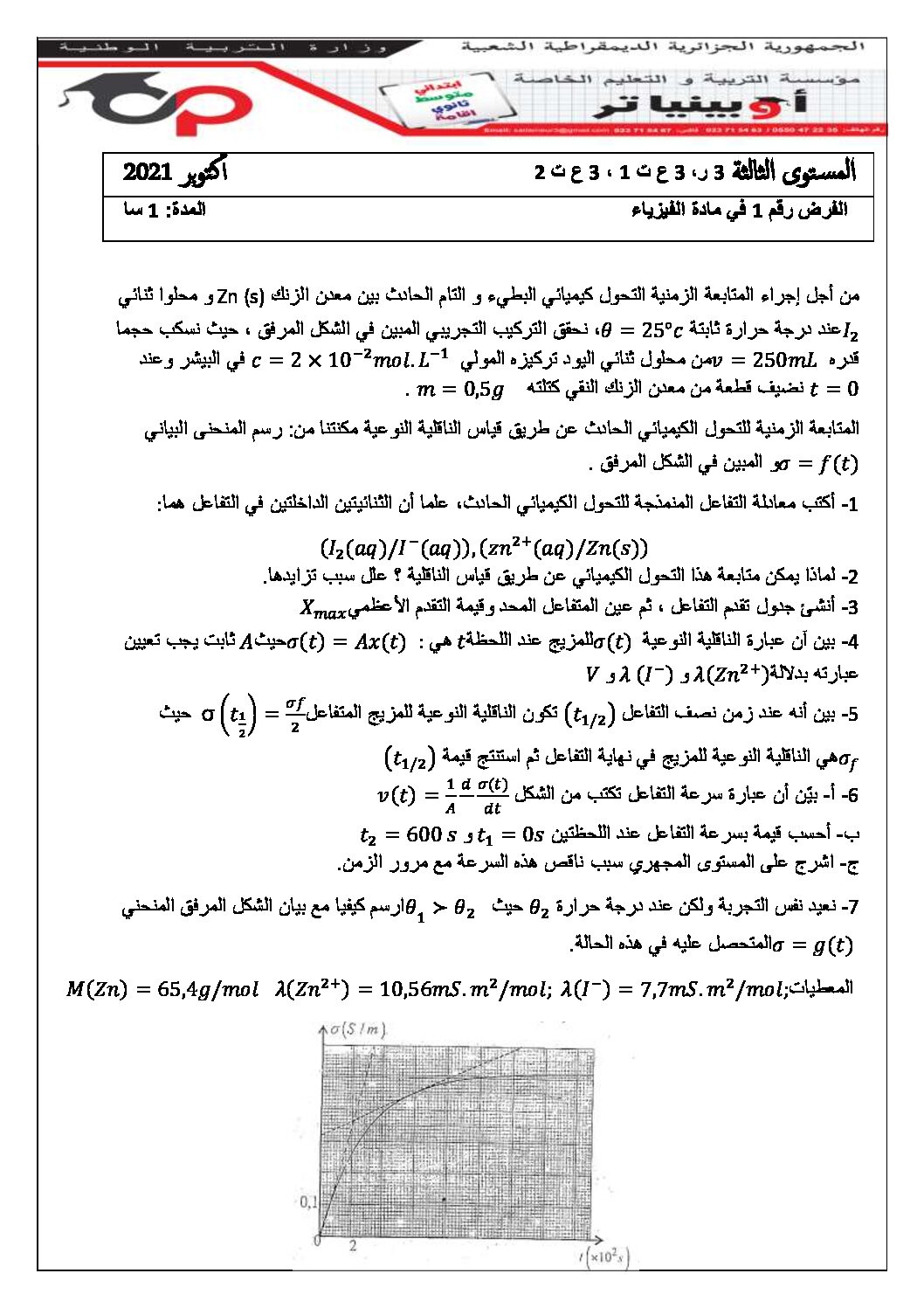 فرض في العلوم الفيزيائية الفصل الأول السنة الثالثة ثانوي رقم 32