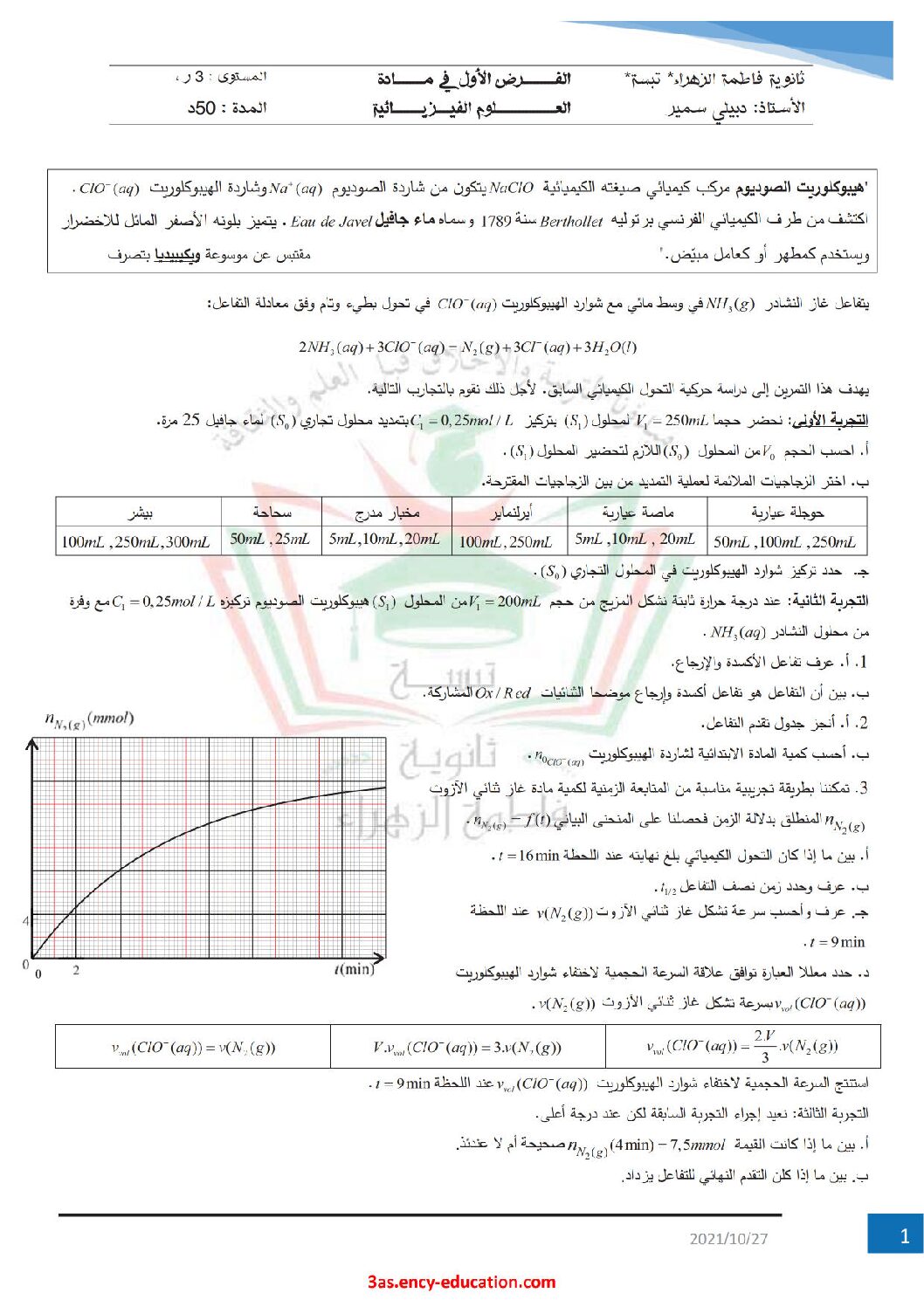 فرض في العلوم الفيزيائية الفصل الأول السنة الثالثة ثانوي رقم 33