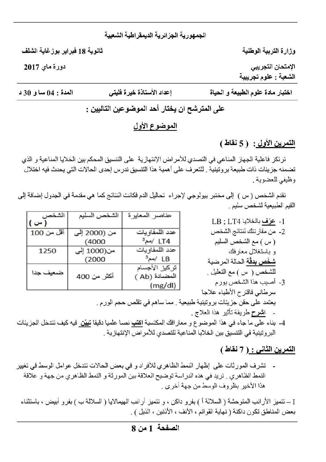 اختبار في العلوم الطبيعية الفصل الثالث السنة الثالثة ثانوي علوم تجريبية رقم 36 مع التصحيح