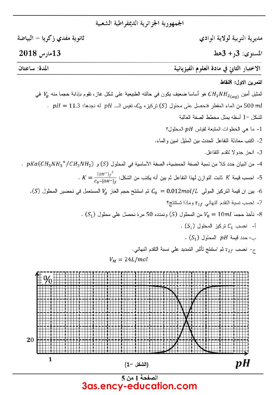 اختبار في العلوم الفيزيائية الفصل الثاني السنة الثالثة ثانوي رقم 36 مع التصحيح