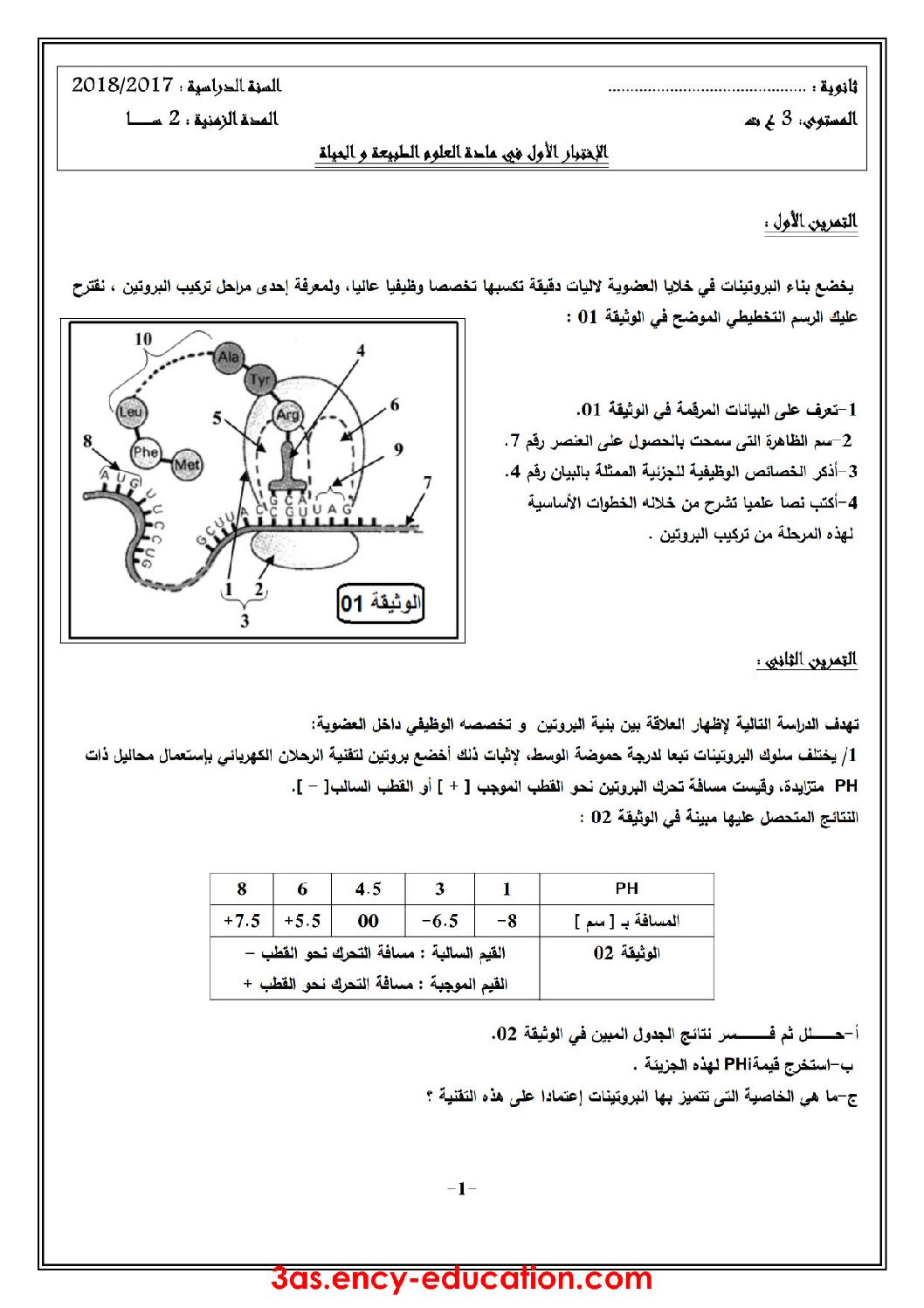 اختبار في العلوم الطبيعية الفصل الأول السنة الثالثة ثانوي علوم تجريبية رقم 37