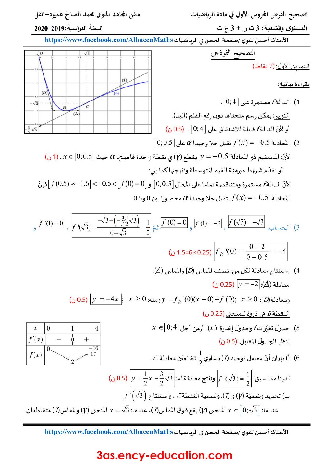 فرض في الرياضيات الفصل الأول السنة الثالثة ثانوي علمي رقم 40 مع التصحيح