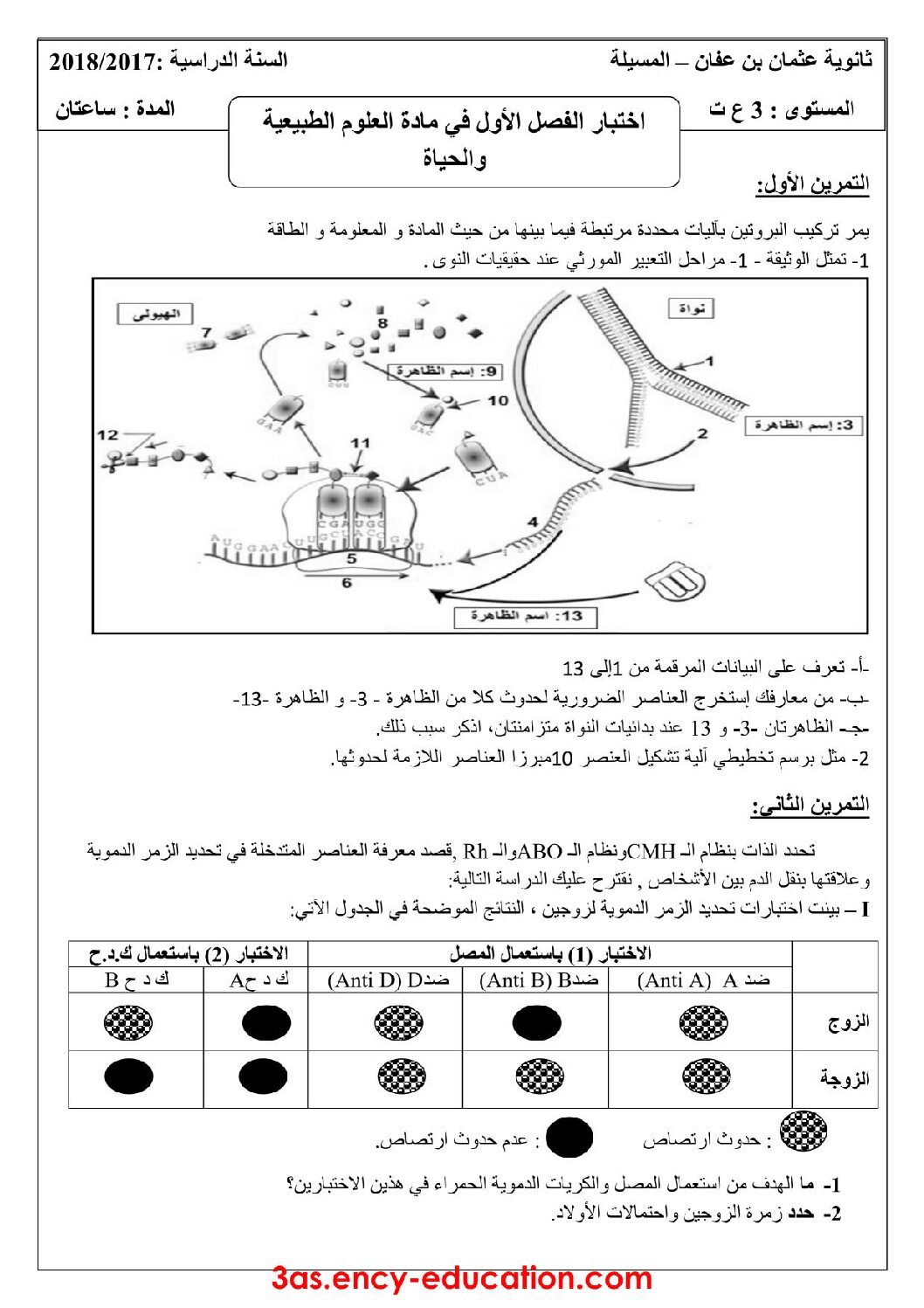اختبار في العلوم الطبيعية الفصل الأول السنة الثالثة ثانوي علوم تجريبية رقم 43