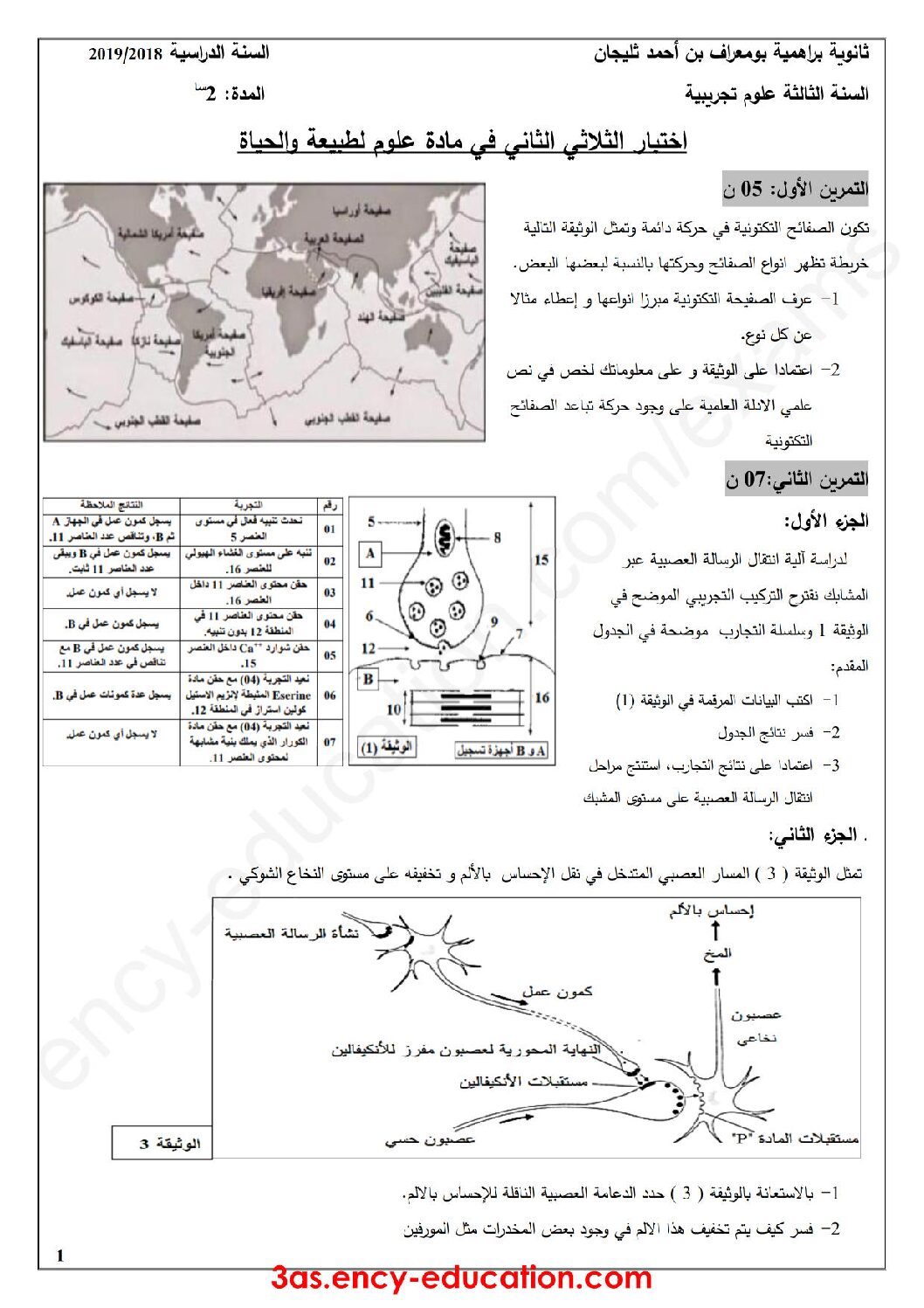 اختبار في العلوم الطبيعية الفصل الثاني السنة الثالثة ثانوي علوم تجريبية رقم 48