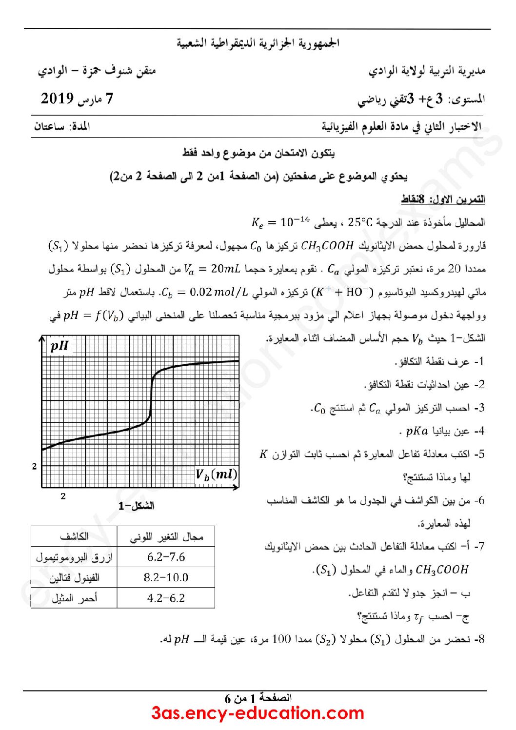 اختبار في العلوم الفيزيائية الفصل الثاني السنة الثالثة ثانوي رقم 48 مع التصحيح