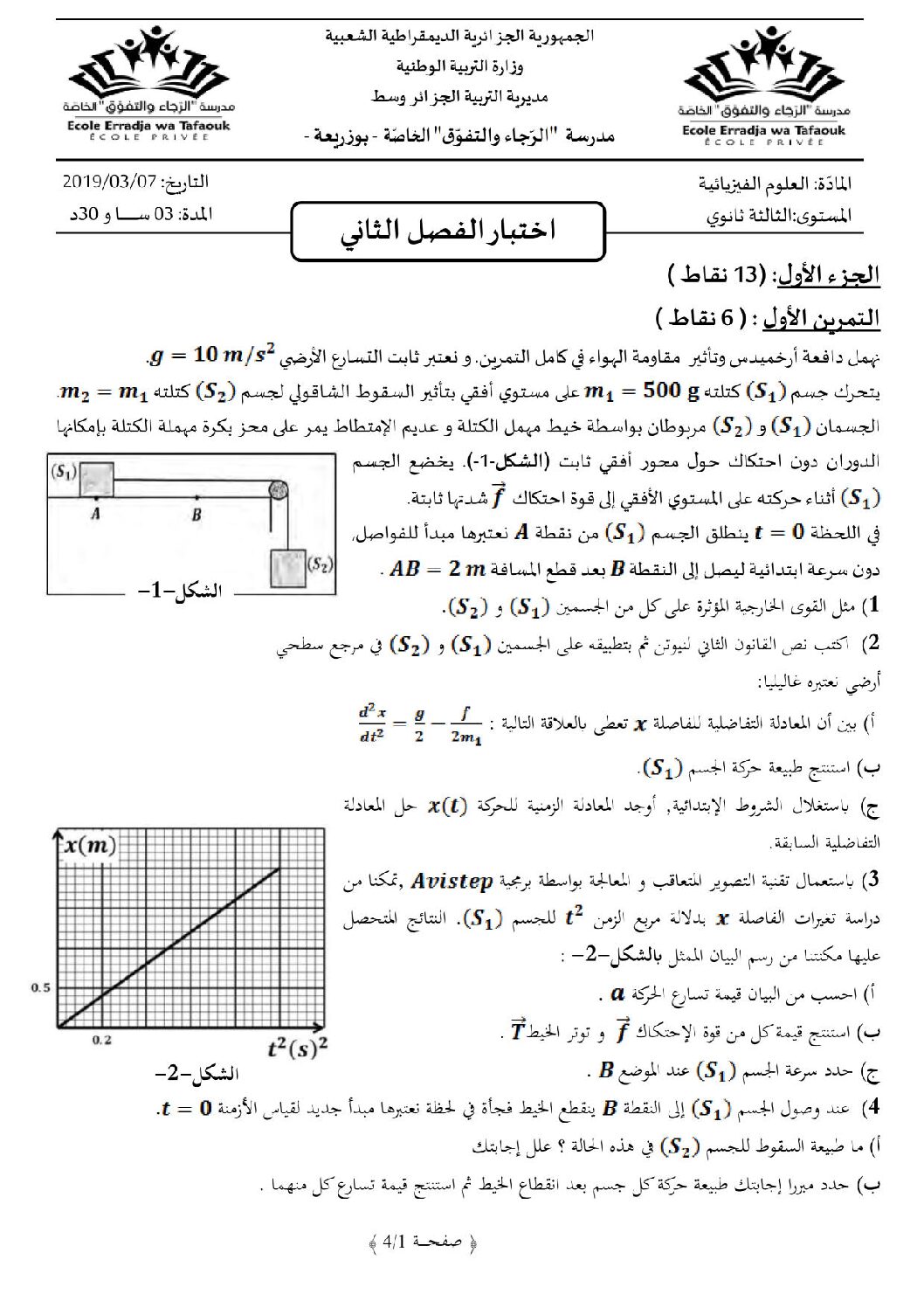 اختبار في العلوم الفيزيائية الفصل الثاني السنة الثالثة ثانوي رقم 49 مع التصحيح