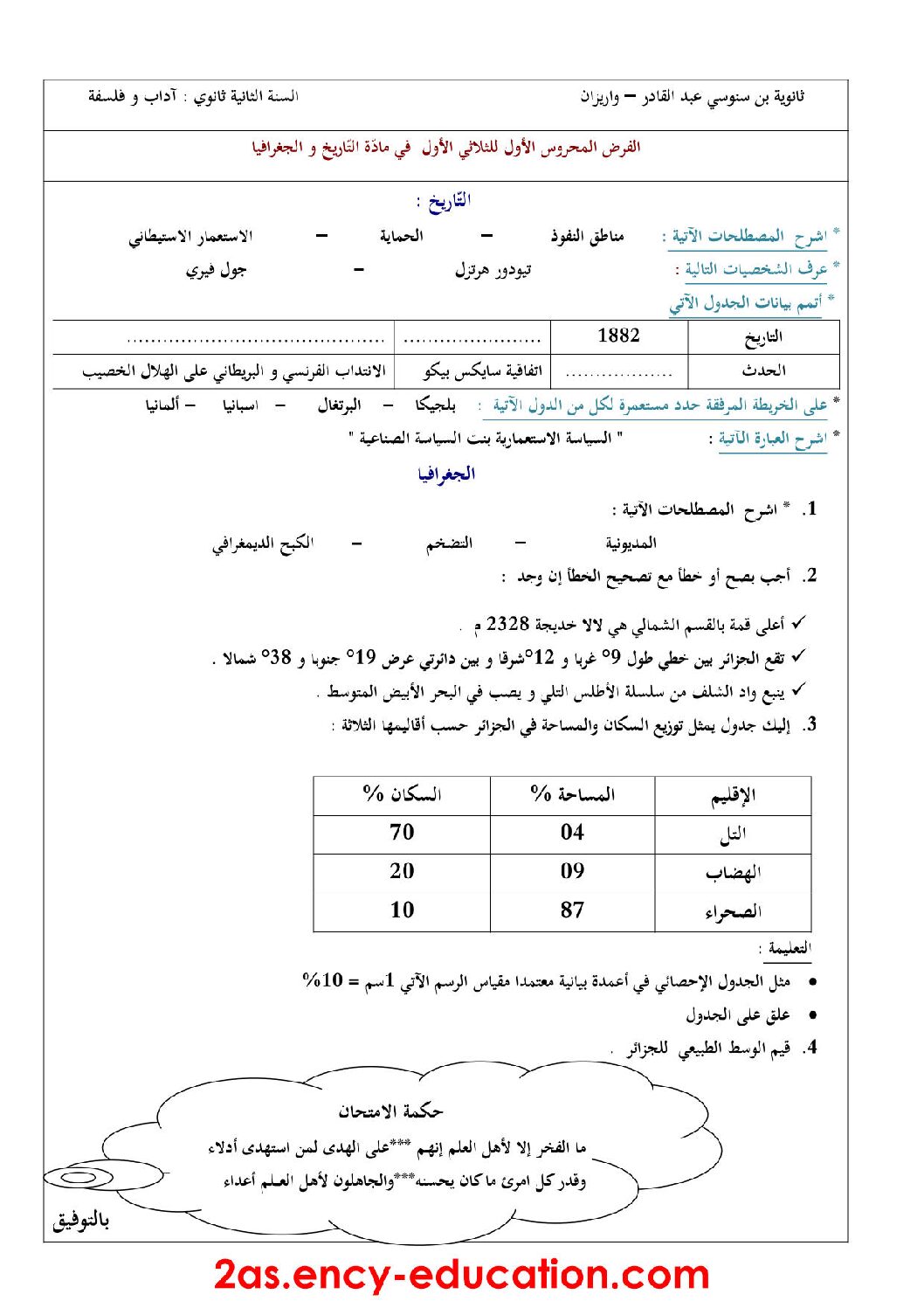 فرض في التاريخ والجغرافيا الفصل الأول السنة الثانية ثانوي أدبي رقم 5