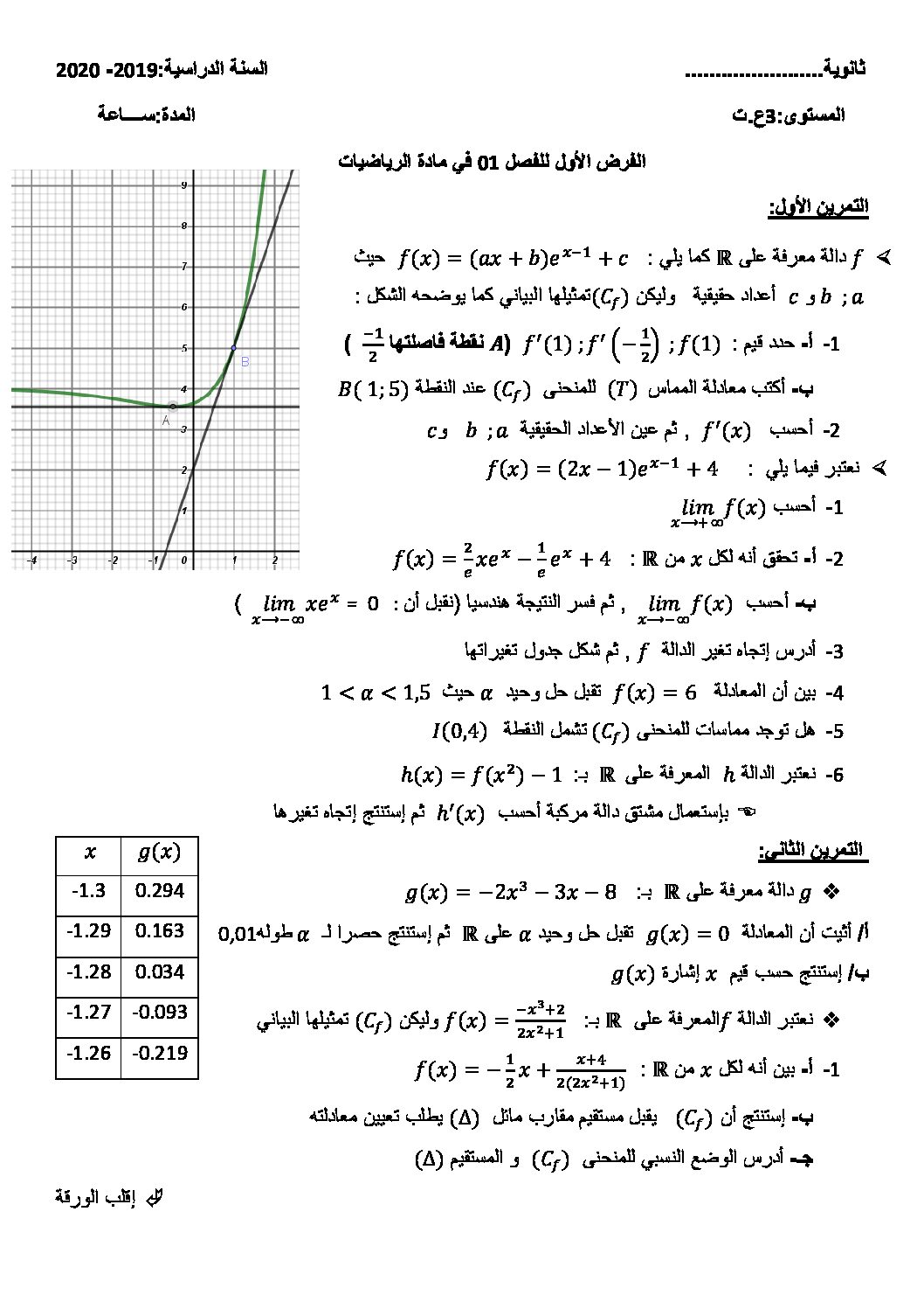 فرض في الرياضيات الفصل الأول السنة الثالثة ثانوي علمي رقم 51
