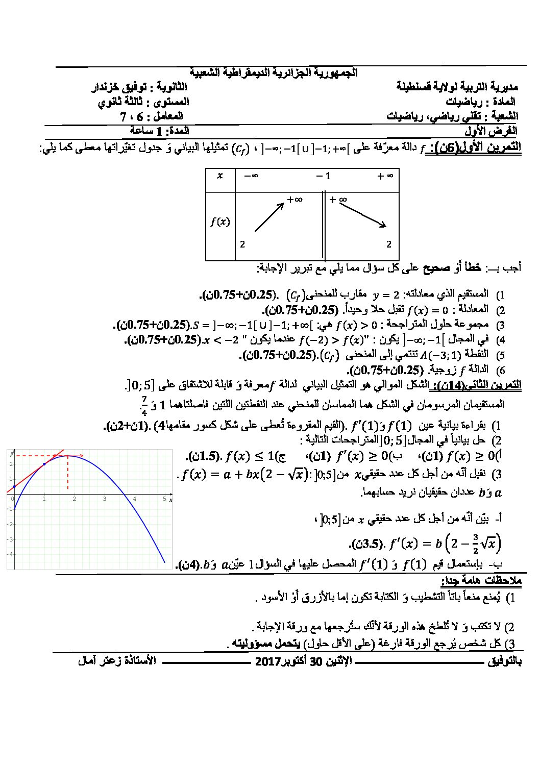 اختبار في الرياضيات الفصل الأول السنة الثالثة ثانوي علمي رقم 54