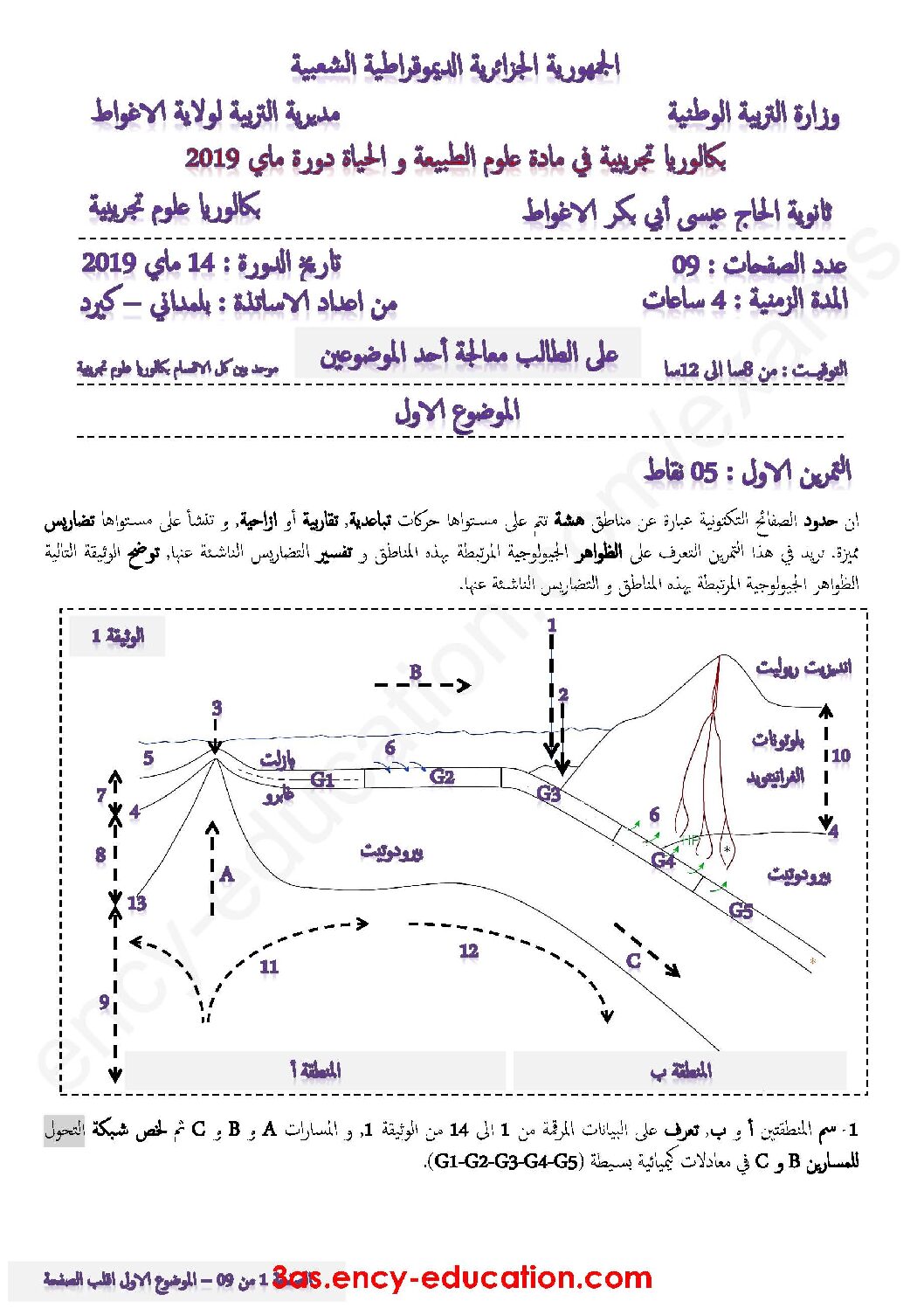 اختبار في العلوم الطبيعية الفصل الثالث السنة الثالثة ثانوي علوم تجريبية رقم 54 مع التصحيح