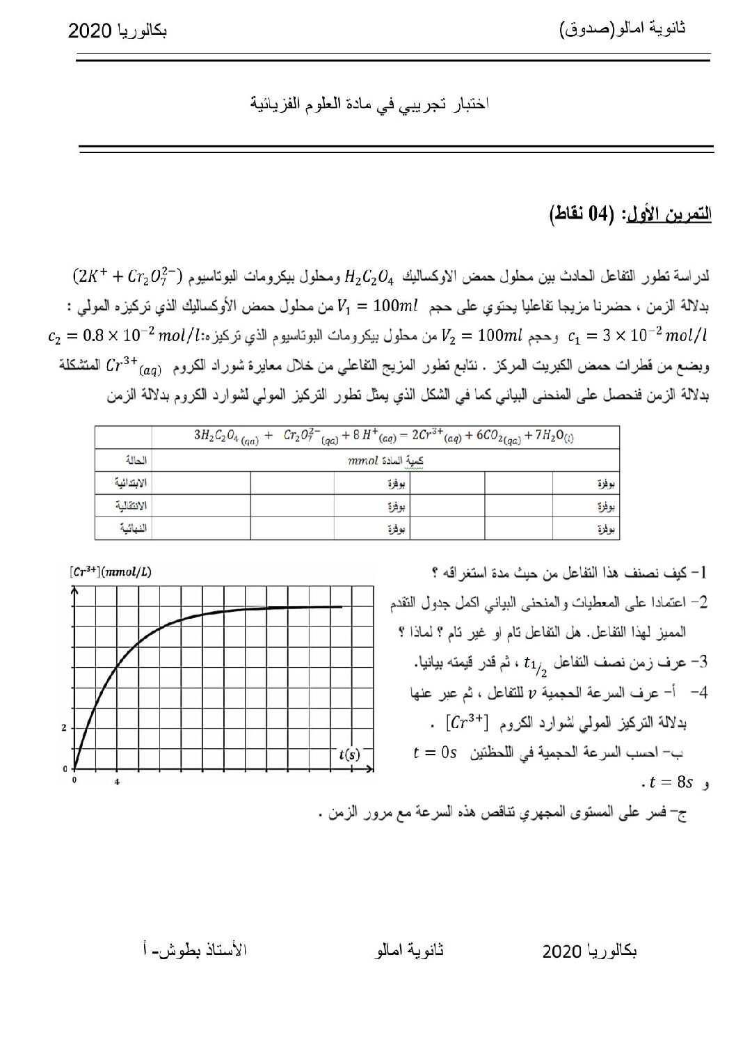 اختبار في العلوم الفيزيائية الفصل الثالث السنة الثالثة ثانوي رقم 55 مع التصحيح