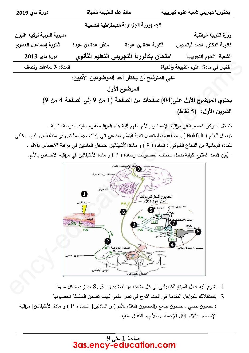 اختبار في العلوم الطبيعية الفصل الثالث السنة الثالثة ثانوي علوم تجريبية رقم 57 مع التصحيح