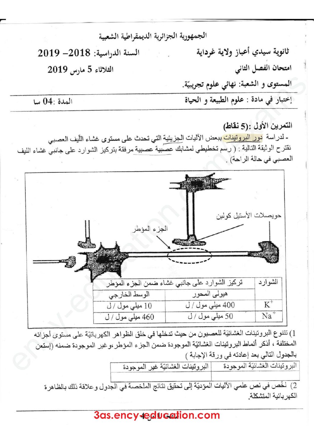اختبار في العلوم الطبيعية الفصل الثاني السنة الثالثة ثانوي علوم تجريبية رقم 57