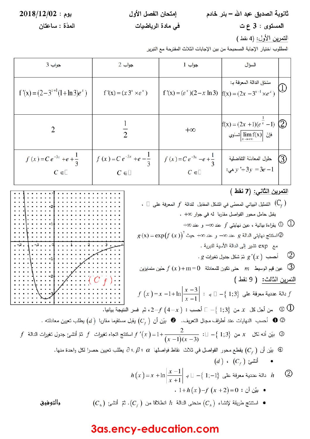 اختبار في الرياضيات الفصل الأول السنة الثالثة ثانوي علمي رقم 59