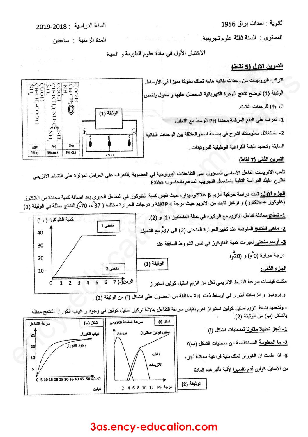 اختبار في العلوم الطبيعية الفصل الأول السنة الثالثة ثانوي علوم تجريبية رقم 61