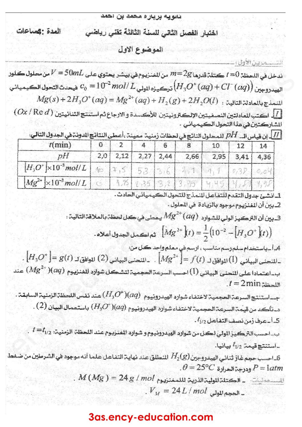 اختبار في العلوم الفيزيائية الفصل الثاني السنة الثالثة ثانوي رقم 64