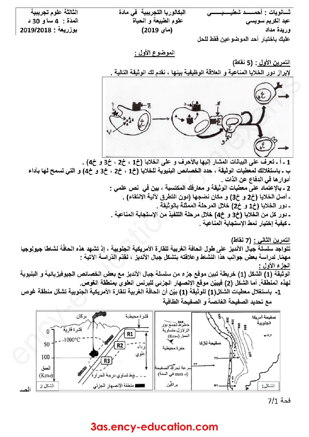 اختبار في العلوم الطبيعية الفصل الثالث السنة الثالثة ثانوي علوم تجريبية رقم 67 مع التصحيح