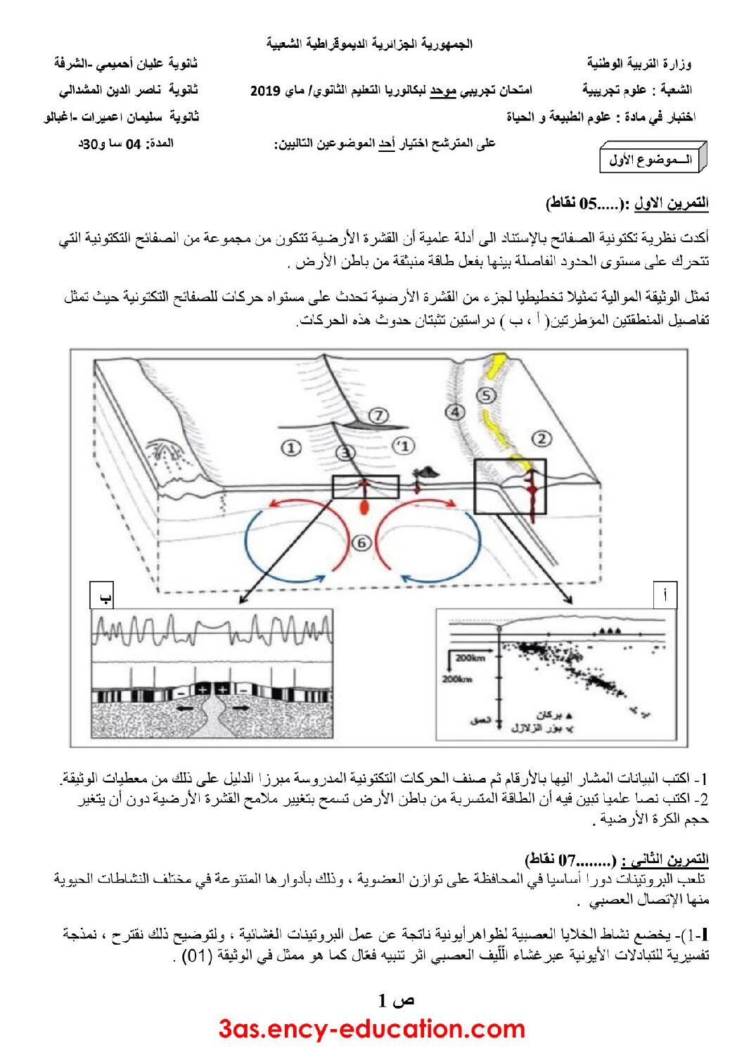 اختبار في العلوم الطبيعية الفصل الثالث السنة الثالثة ثانوي علوم تجريبية رقم 69 مع التصحيح