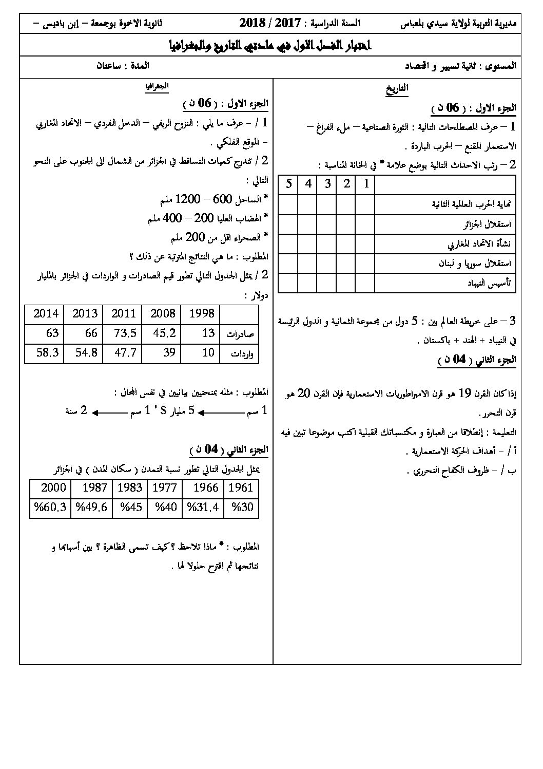 اختبار في التاريخ والجغرافيا الفصل الأول السنة الثانية ثانوي تسيير رقم 7