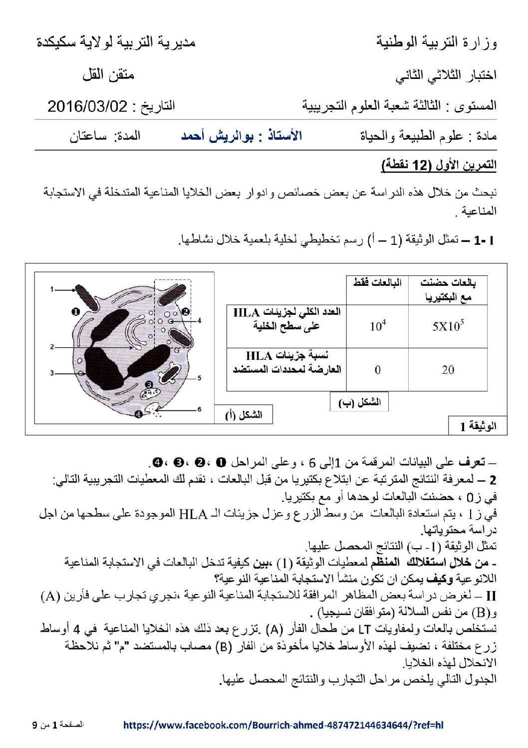 اختبار في العلوم الطبيعية الفصل الثاني السنة الثالثة ثانوي علوم تجريبية رقم 7 مع التصحيح