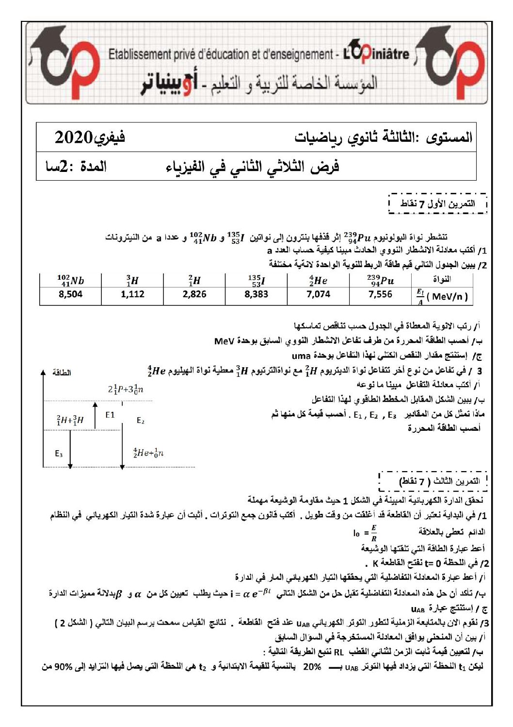 فرض في العلوم الفيزيائية الفصل الثاني السنة الثالثة ثانوي رقم 7 مع التصحيح