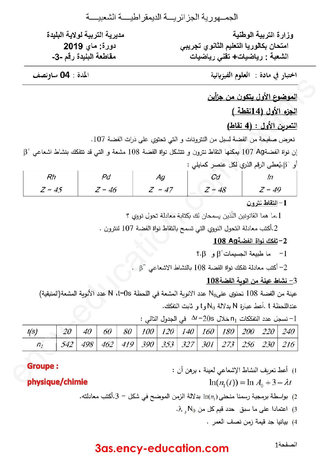 اختبار في العلوم الفيزيائية الفصل الثالث السنة الثالثة ثانوي رقم 77