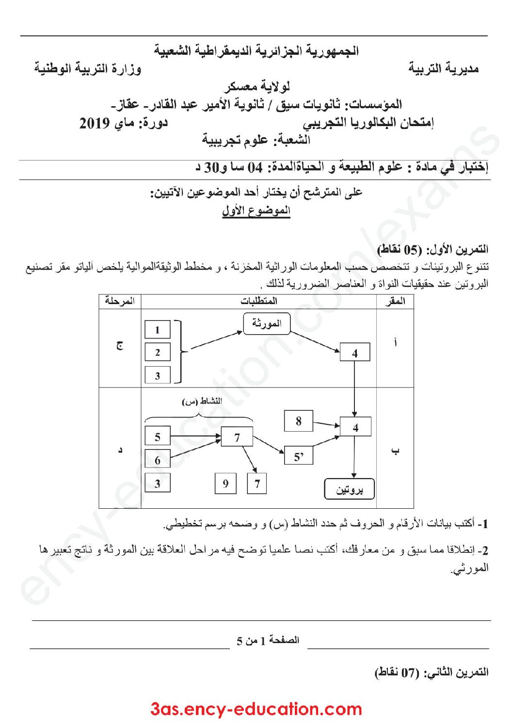 اختبار في العلوم الطبيعية الفصل الثالث السنة الثالثة ثانوي علوم تجريبية رقم 79 مع التصحيح