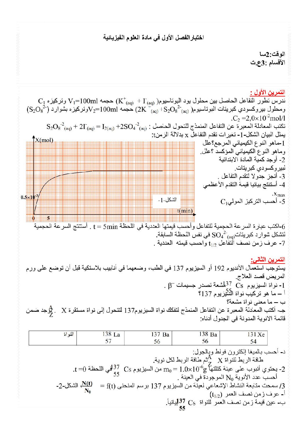 اختبار في العلوم الفيزيائية الفصل الأول السنة الثالثة ثانوي رقم 8 مع التصحيح