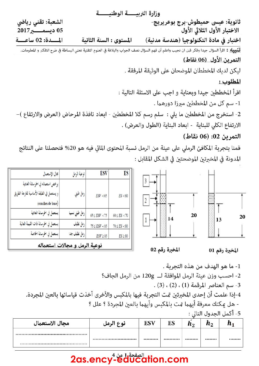 اختبار في الهندسة المدنية الفصل الأول السنة الثانية ثانوي رقم 8